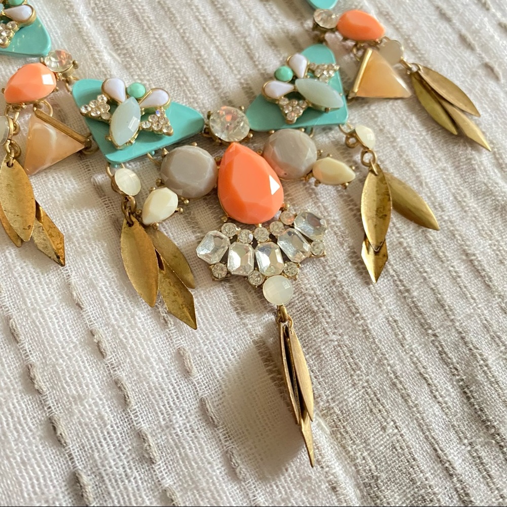 Statement Necklace – Gold/Brass with Salmon Pink & Turquoise Blue Accents